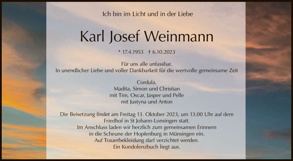  Traueranzeige für Karl Josef Weinmann vom 11.10.2023 aus Reutlinger General-Anzeiger