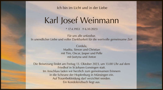 Anzeige von Karl Josef Weinmann von Reutlinger General-Anzeiger