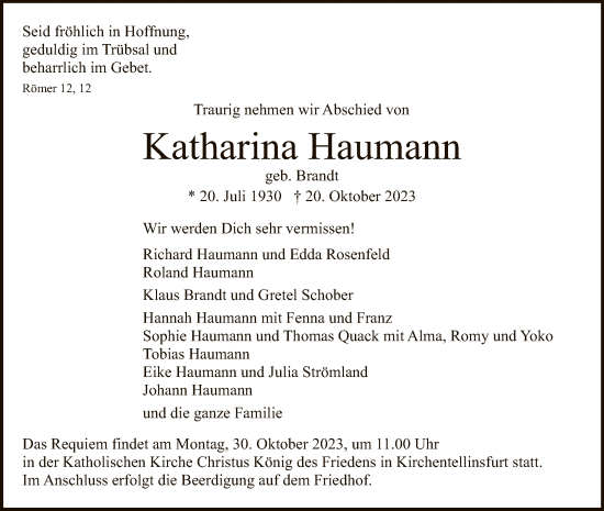 Anzeige von Katharina Haumann von Reutlinger General-Anzeiger