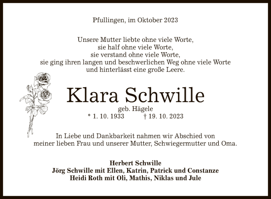Anzeige von Klara Schwille von Reutlinger General-Anzeiger