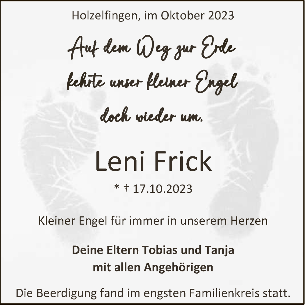  Traueranzeige für Leni Frick vom 28.10.2023 aus Reutlinger General-Anzeiger