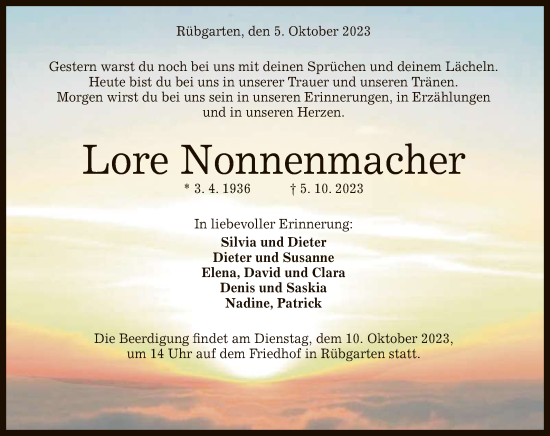 Anzeige von Lore Nonnenmacher von Reutlinger General-Anzeiger