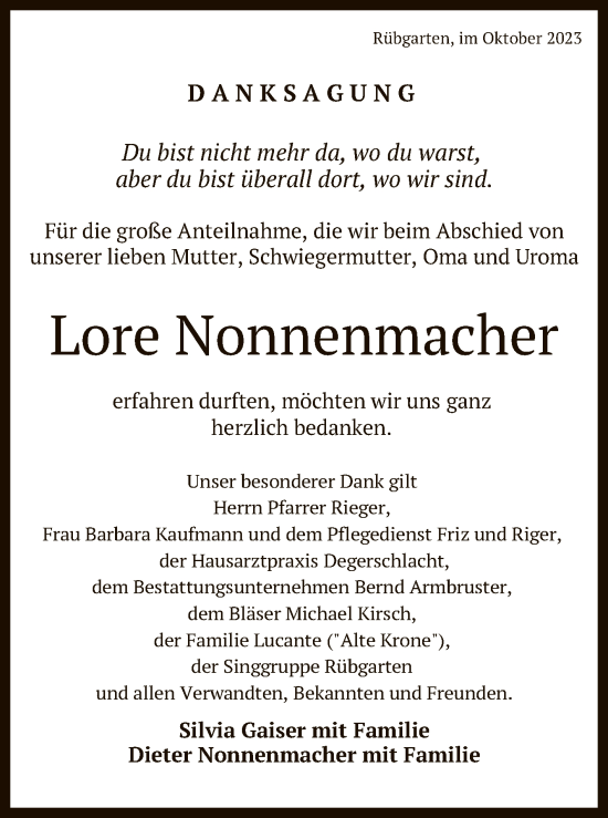 Anzeige von Lore Nonnenmacher von Reutlinger General-Anzeiger