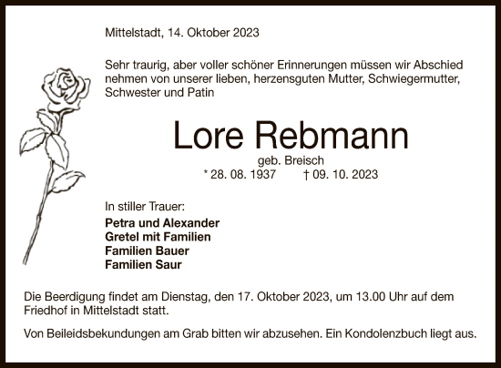 Anzeige von Lore Rebmann von Reutlinger General-Anzeiger