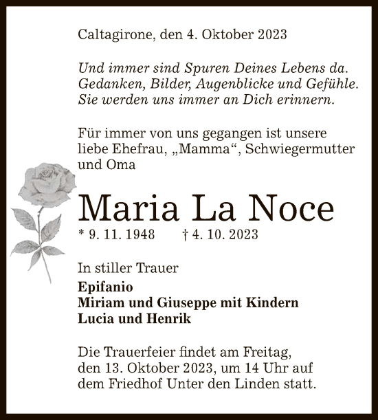 Anzeige von Maria La Noce von Reutlinger General-Anzeiger