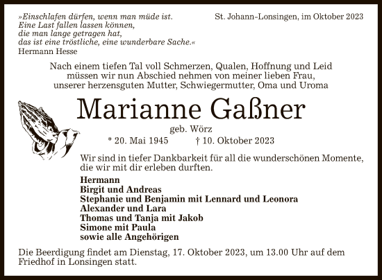 Anzeige von Marianne Gaßner von Reutlinger General-Anzeiger