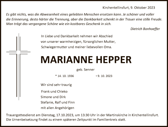 Anzeige von Marianne Hepper von Reutlinger General-Anzeiger