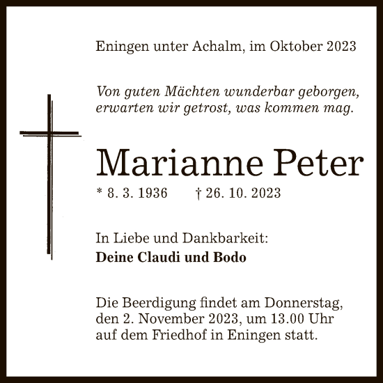 Anzeige von Marianne Peter von Reutlinger General-Anzeiger