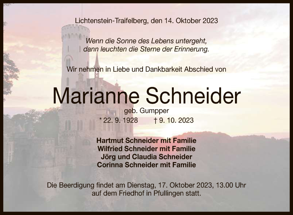  Traueranzeige für Marianne Schneider vom 14.10.2023 aus Reutlinger General-Anzeiger