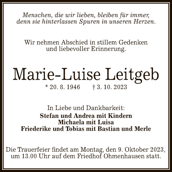 Anzeige von Marie-Luise Leitgeb von Reutlinger General-Anzeiger