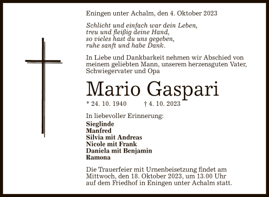 Anzeige von Mario Gaspari von Reutlinger General-Anzeiger