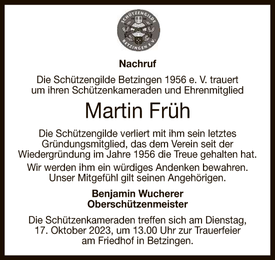 Anzeige von Martin Früh von Reutlinger General-Anzeiger