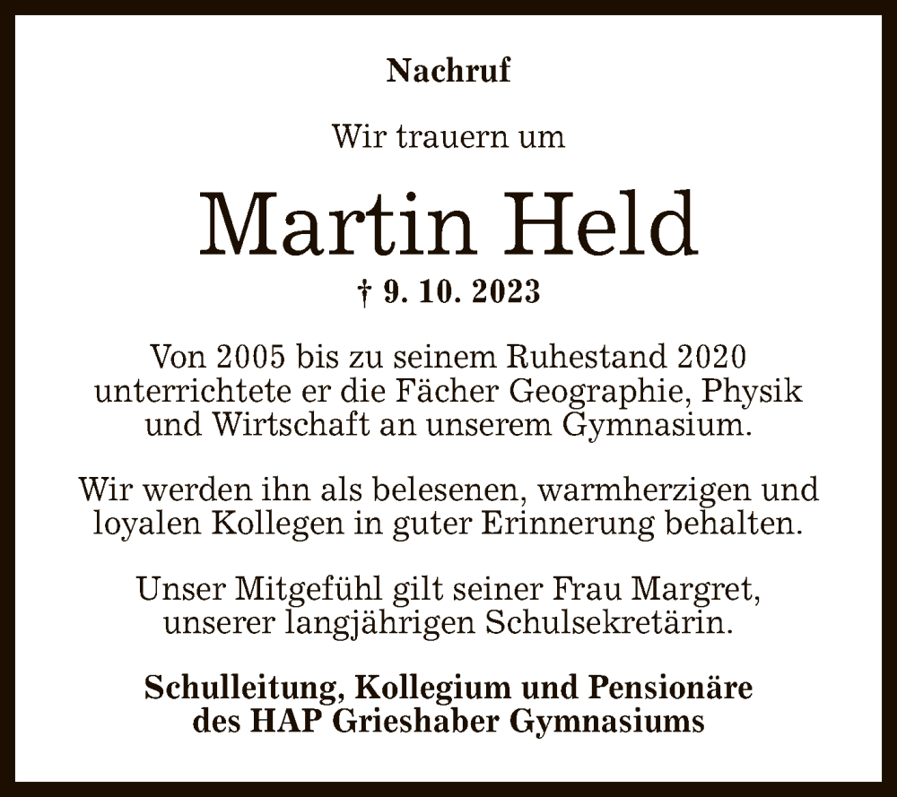  Traueranzeige für Martin Held vom 21.10.2023 aus Reutlinger General-Anzeiger