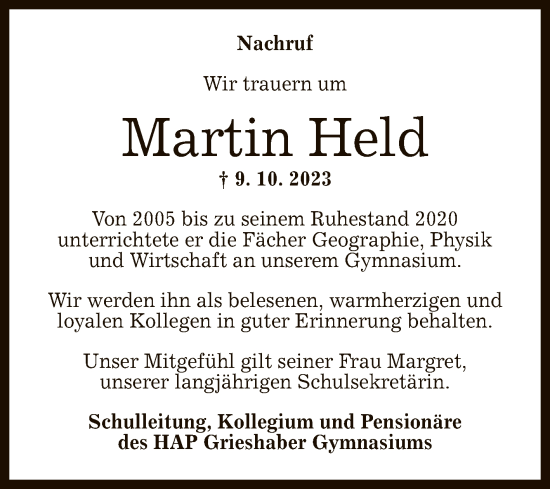 Anzeige von Martin Held von Reutlinger General-Anzeiger