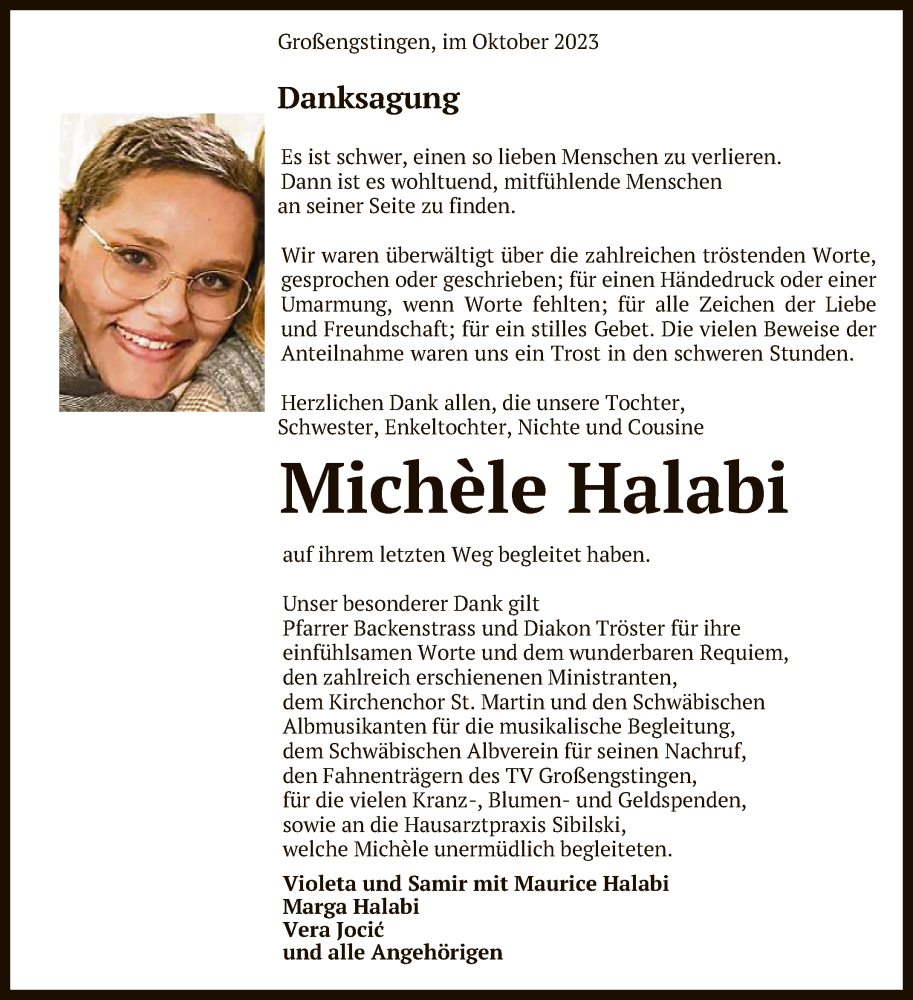  Traueranzeige für Michele Halabi vom 21.10.2023 aus Reutlinger General-Anzeiger