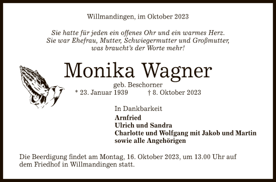 Anzeige von Monika Wagner von Reutlinger General-Anzeiger