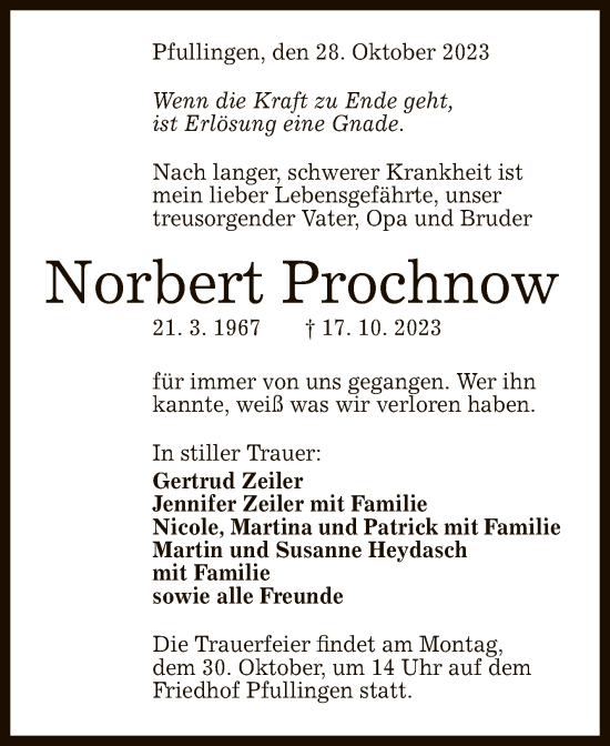 Anzeige von Norbert Prochnow von Reutlinger General-Anzeiger