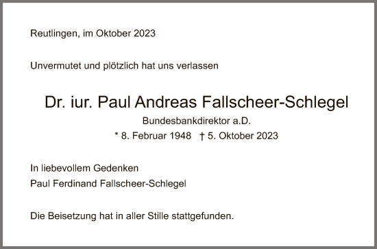 Anzeige von Paul Andreas Fallscheer-Schlegel von Reutlinger General-Anzeiger