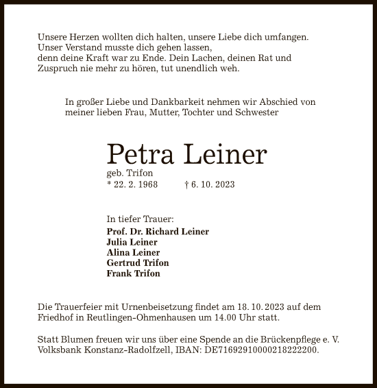 Anzeige von Petra Leiner von Reutlinger General-Anzeiger