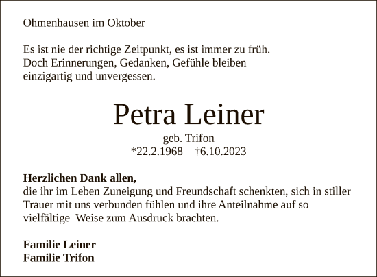 Anzeige von Petra Leiner von Reutlinger General-Anzeiger