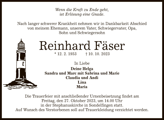 Anzeige von Reinhard Fäser von Reutlinger General-Anzeiger