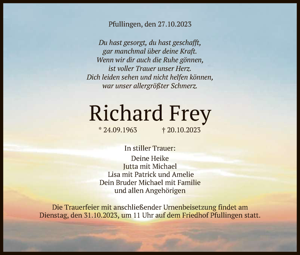  Traueranzeige für Richard Frey vom 27.10.2023 aus Reutlinger General-Anzeiger