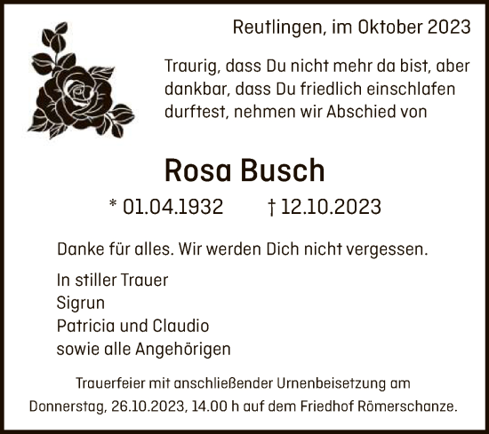 Anzeige von Rosa Busch von Reutlinger General-Anzeiger