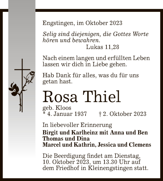 Anzeige von Rosa Thiel von Reutlinger General-Anzeiger