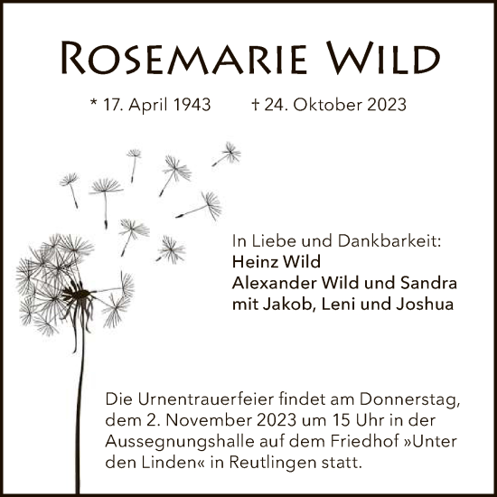 Anzeige von Rosemarie Wild von Reutlinger General-Anzeiger