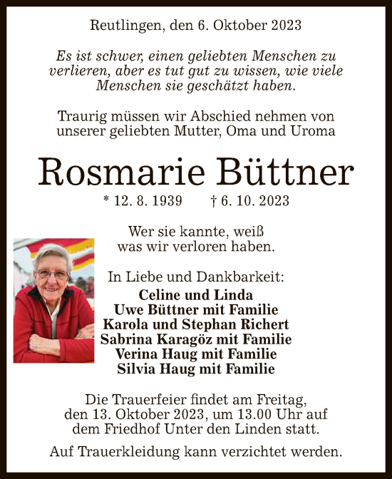 Anzeige von Rosmarie Büttner von Reutlinger General-Anzeiger