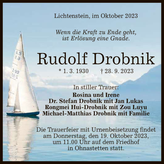 Anzeige von Rudolf Drobnik von Reutlinger General-Anzeiger
