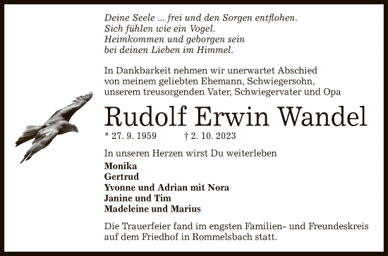 Anzeige von Rudolf Erwin Wandel von Reutlinger General-Anzeiger