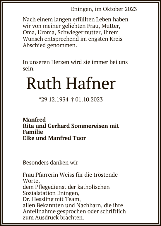 Anzeige von Ruth Hafner von Reutlinger General-Anzeiger