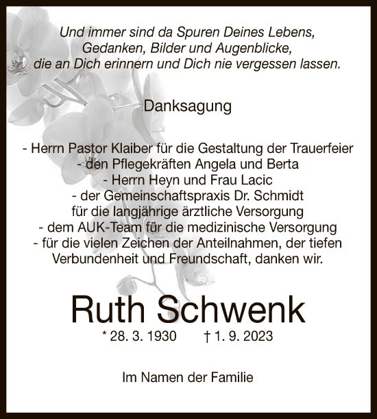 Anzeige von Ruth Schwenk von Reutlinger General-Anzeiger