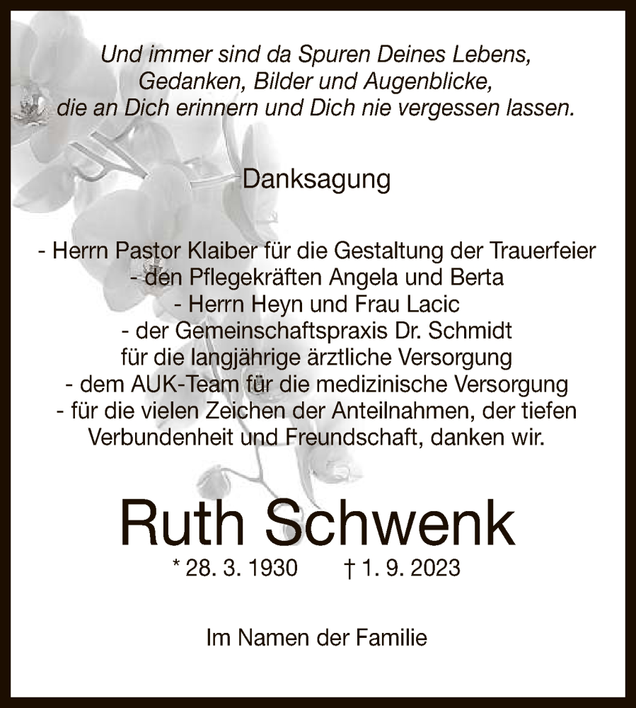  Traueranzeige für Ruth Schwenk vom 21.10.2023 aus Reutlinger General-Anzeiger