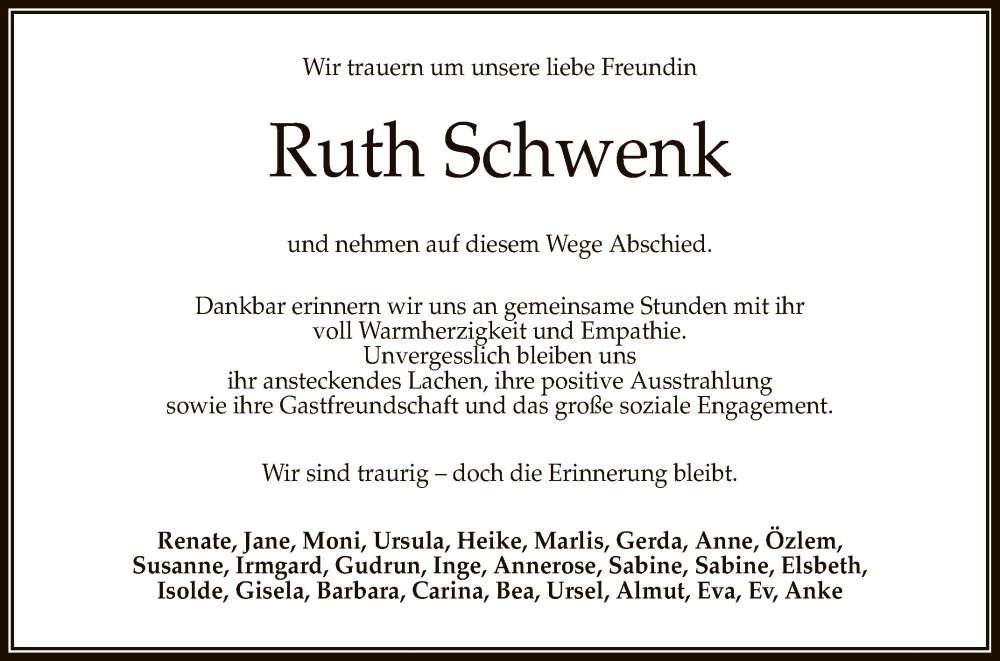 Traueranzeige für Ruth Schwenk vom 06.10.2023 aus Reutlinger General-Anzeiger