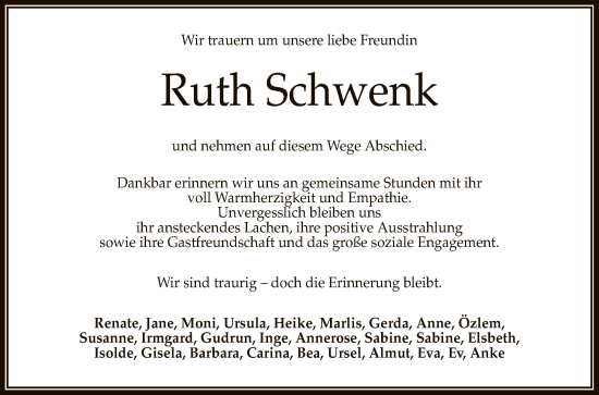 Anzeige von Ruth Schwenk von Reutlinger General-Anzeiger