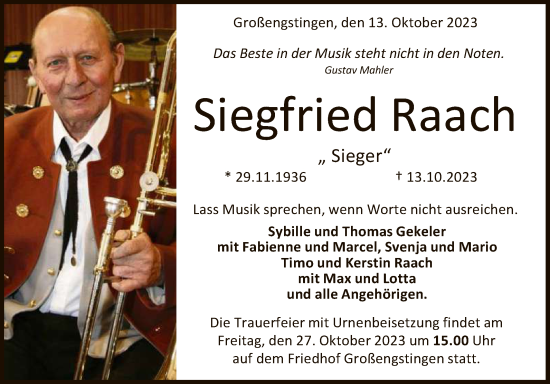 Anzeige von Siegfried Raach von Reutlinger General-Anzeiger