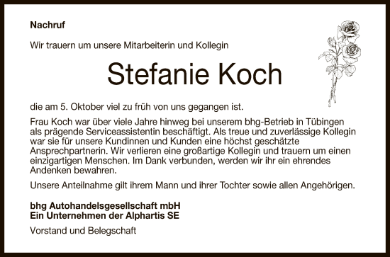 Anzeige von Stefanie Koch von Reutlinger General-Anzeiger