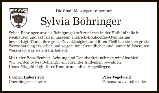 Anzeige von Sylvia Böhringer von Reutlinger General-Anzeiger