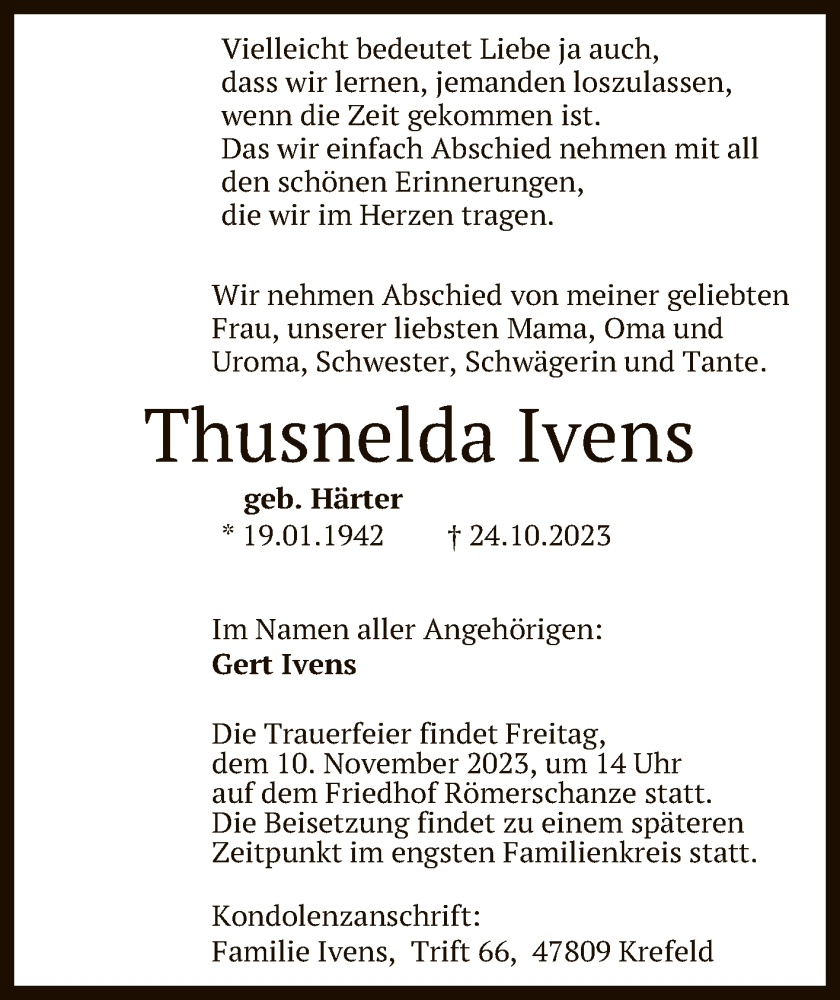  Traueranzeige für Thusnelda Ivens vom 28.10.2023 aus Reutlinger General-Anzeiger