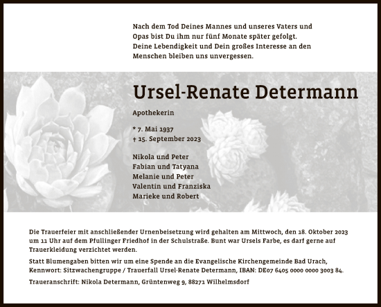 Anzeige von Ursel-Renate Determann von Reutlinger General-Anzeiger