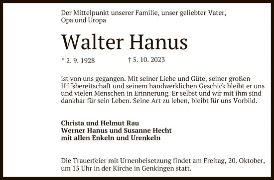 Anzeige von Walter Hanus von Reutlinger General-Anzeiger