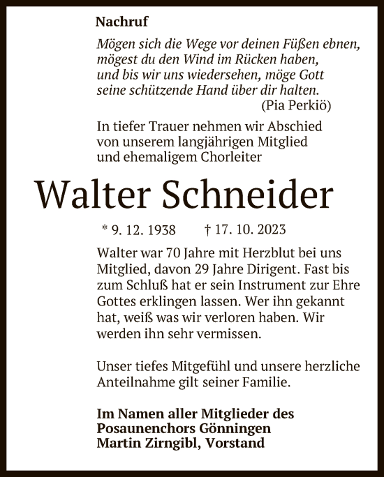 Anzeige von Walter Schneider von Reutlinger General-Anzeiger