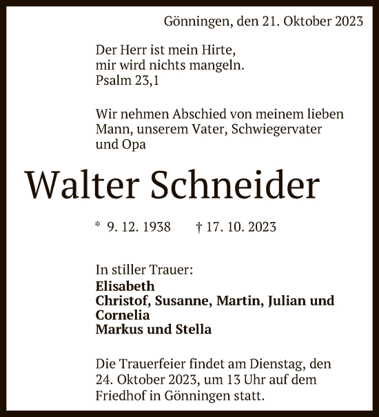 Anzeige von Walter Schneider von Reutlinger General-Anzeiger