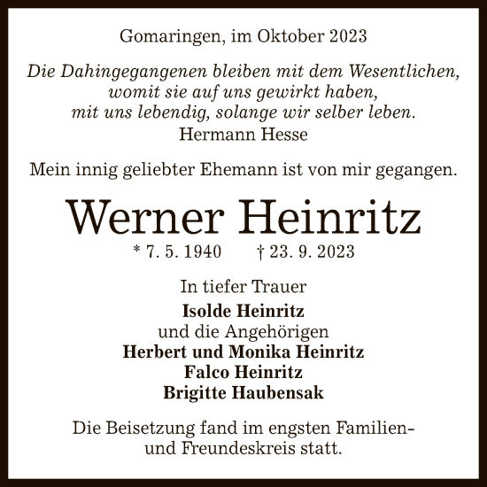 Anzeige von Werner Heinritz von Reutlinger General-Anzeiger