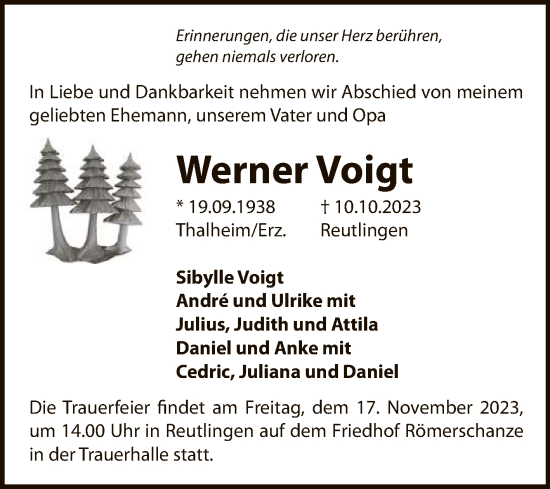 Anzeige von Werner Voigt von Reutlinger General-Anzeiger