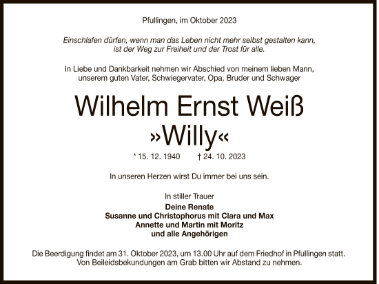 Anzeige von Wilhelm Ernst Weiß von Reutlinger General-Anzeiger