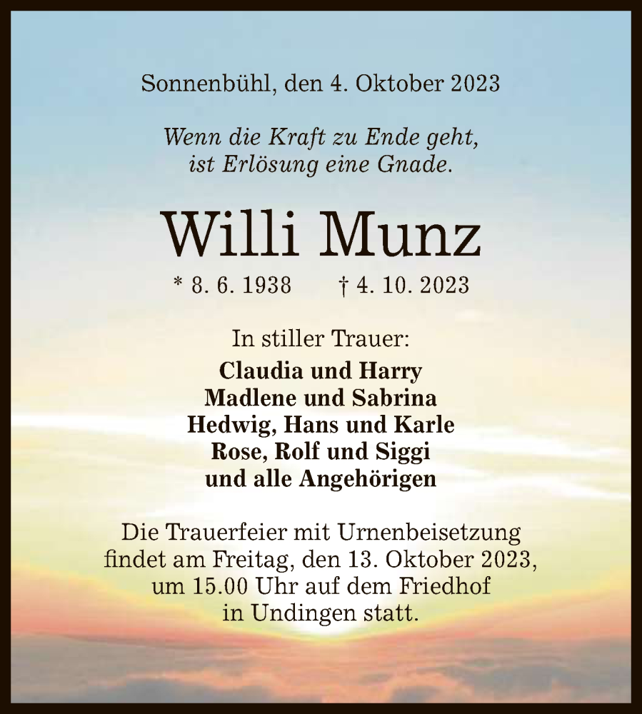  Traueranzeige für Willi Munz vom 07.10.2023 aus Reutlinger General-Anzeiger