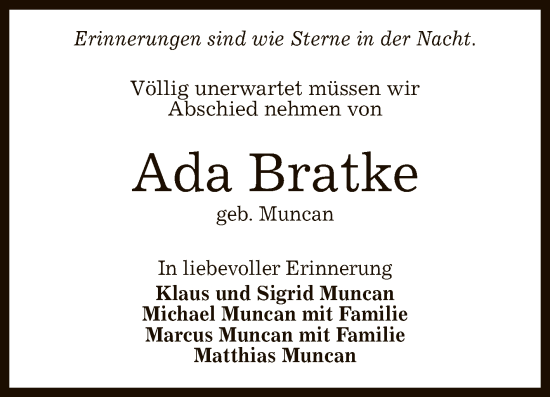 Anzeige von Ada Bratke von Reutlinger General-Anzeiger